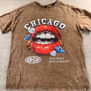 Manfinity Chicago Graphic Tee Brown‎ Acid Wash Streetwear Lips Diamonds Small